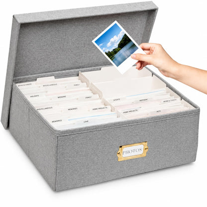 kroucoco Linen Photo Storage Box,hold up to 1700 Photos of 4x6”,Photo Containers with Dividers,Photo Storage Organizer with Lid for