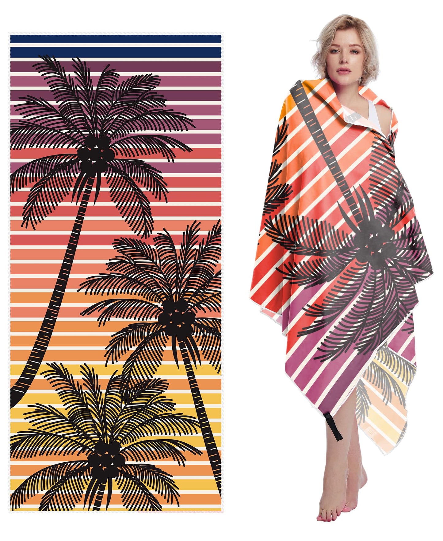 Style Slice Beach Towel Extra Large - Sand Free Quick Dry Lightweight Microfibre Beach Towels for Adults, Includes Mesh Bag - Sunset Palm Tree Orange,
