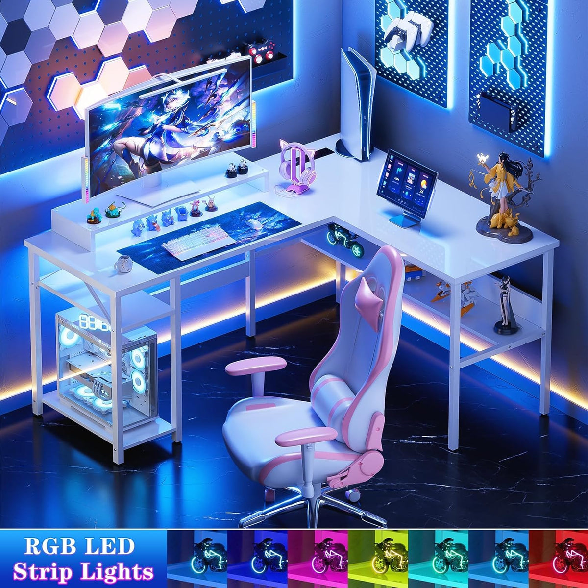 iSunirm L Shaped Desk, Gaming Desk with LED Lights, Reversible Computer Desk with Storage Shelves, Corner Table with Monitor Stand for Home