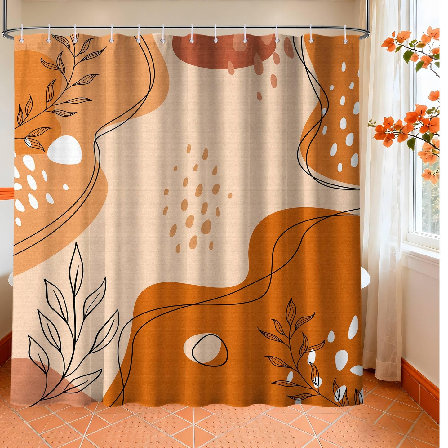 LanZanthic Burnt Orange Shower Curtains for Bathroom Orange Mid Century Modern Wet Room Shower Curtain with hooks, Mould Proof Resistant, Waterproof