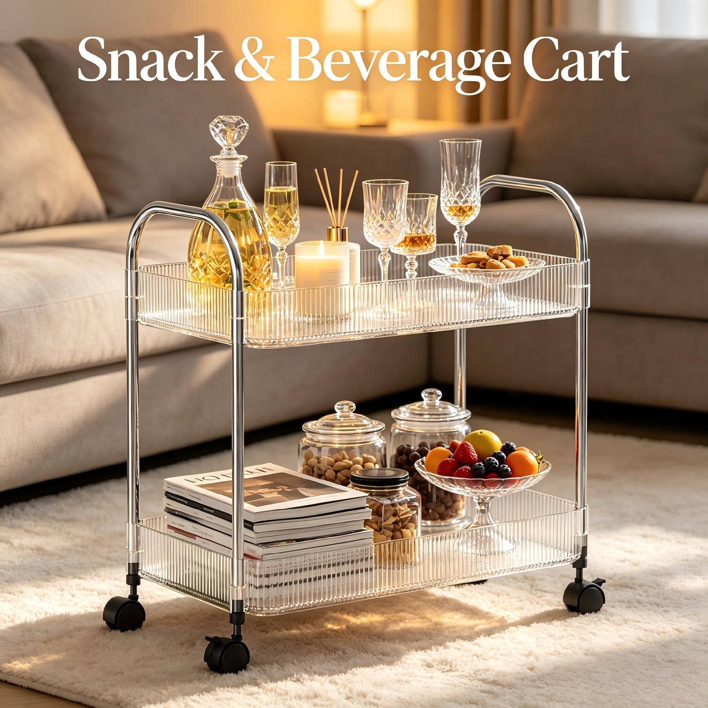 Guyi-Duck Clear Acrylic Storage Cart with Wheels, Transparent Rolling Organiser Trolley for Kitchen, Bathroom, Office and Home Corner