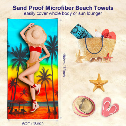 Violetpos Rainbow Sunset Palm Tree Beach Towel, Extra Large 180x90 cm 250GSM Microfibre, Sand Free Quick Dry