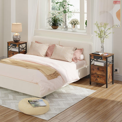 HOOBRO Bedside Table with Charging Station, X-shaped End Table with 2 USB Ports and 2 AC Outlets, Side Table Living Room, Nightstand with 2 Drawers,