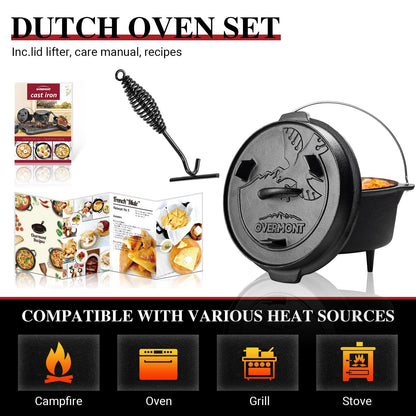 OVERMONT 5.7L/6 Quart(Pot body+lid) All-Round Dutch Oven Dual Function Lid Griddle with Lid Lifter Camping Pre Seasoned Cast Iron Pot