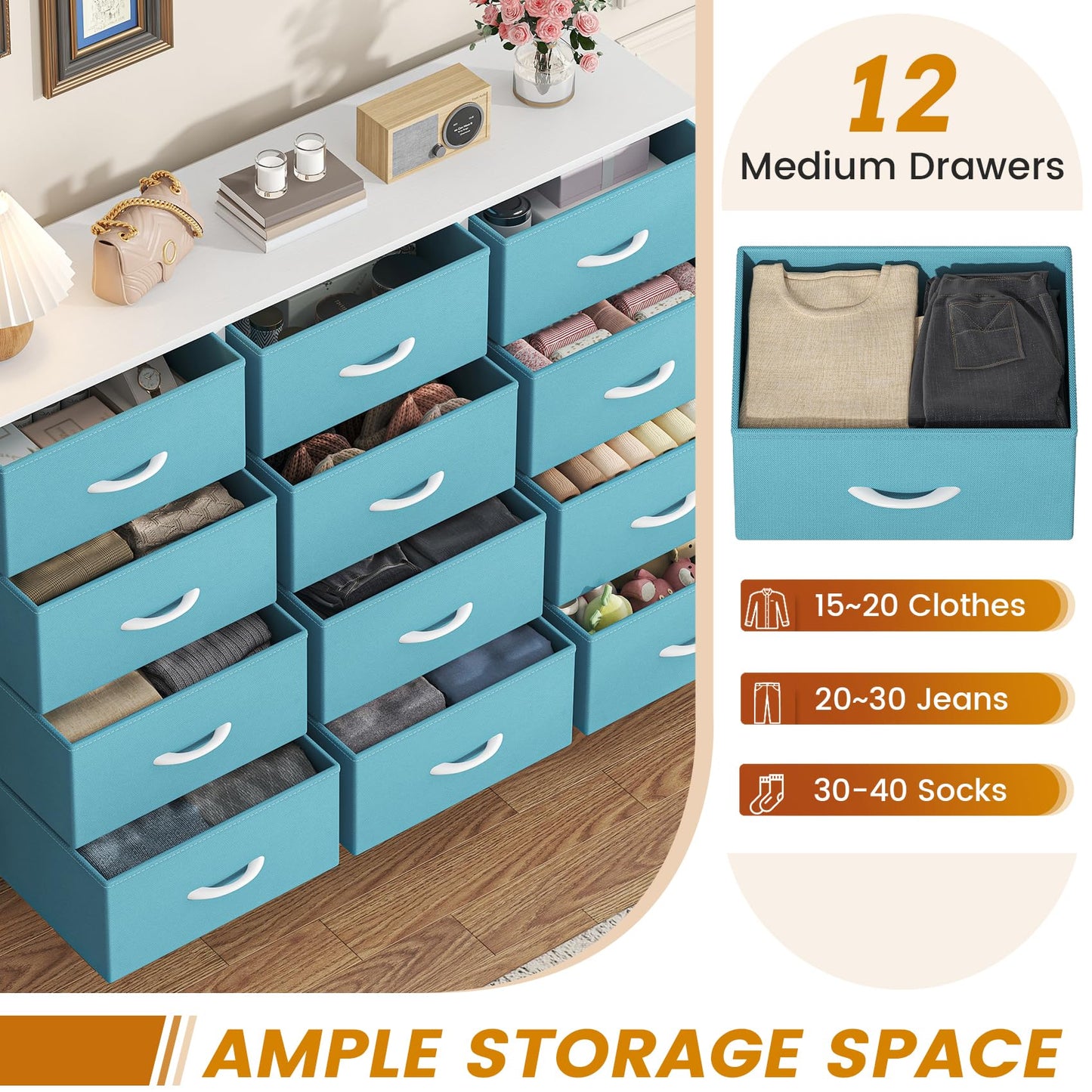 GoaHi Chest of Drawers with 12 Drawers,Bedroom Drawers, Fabric Dresser with Wood Top,Drawer Storage Unit for Bedroom, Living room,Blue