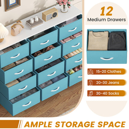GoaHi Chest of Drawers with 12 Drawers,Bedroom Drawers, Fabric Dresser with Wood Top,Drawer Storage Unit for Bedroom, Living room,Blue