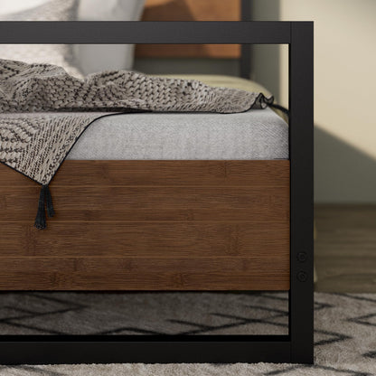 Zinus Suzanne Metal Bed Frame with Wooden Headboard & Footboard | Single 90x190 cm | 18 cm High | Low Profile | Wood Slat Support | For Adults, Kids