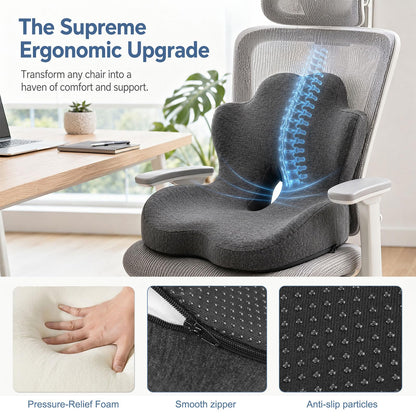 wiksite Seat Cushion Memory Foam - 2 in 1 Seat Cushion and Lumbar Support Pillow Ergonomic Car Seat Cushions for Driving Coccyx Cushion for Tailbone