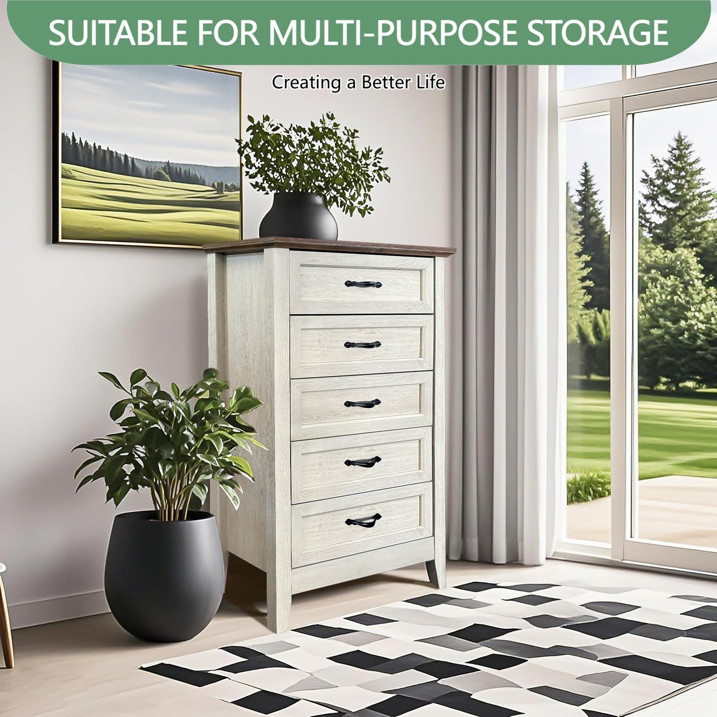 Crevyteg 5 Drawer Tall Dresser for Bedroom – Sturdy Steel Frame, Collapsible Drawers, Easy Pull Handles – Wooden Storage Chest