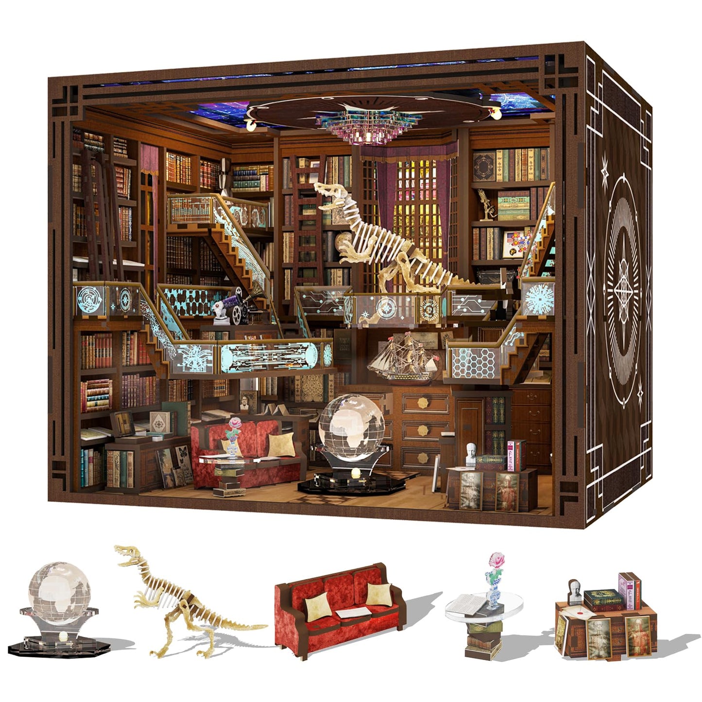 Minicity Book Nook Kit, DIY Miniature Dollhouse Booknook Kit, 3D Wooden Puzzle Bookend Bookshelf Insert Decor with LED Light for Teens and