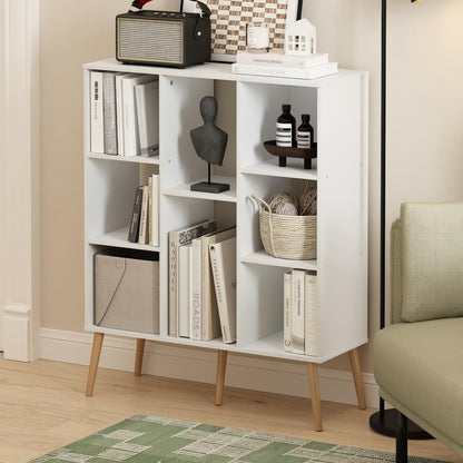 Furinno Claude Mid Century Style 8-Cube Bookcase, Bookshelf, Storage Organizer with Wood Legs, White
