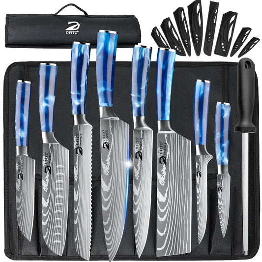 Dfito Chef Knife Sets with Roll Bag, 9 Pieces Professional Knife Set, High Carbon Stainless Steel Kitchen Chef Knife Set, Blue Resin Handle,