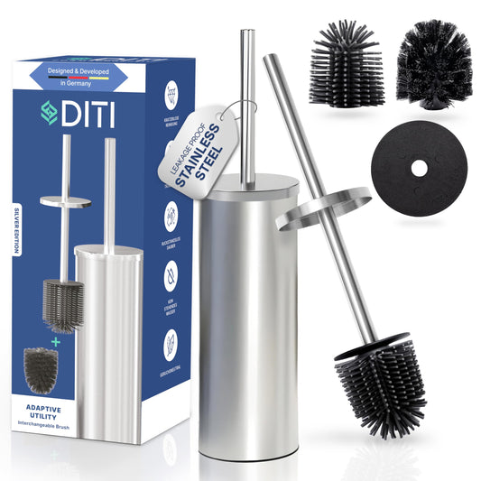 DITI Stainless Steel Toilet Brush Silver - Round Silicone Toilet Brush with Holder & Splash Guard - Antibacterial & Rustproof - Includes Replacement