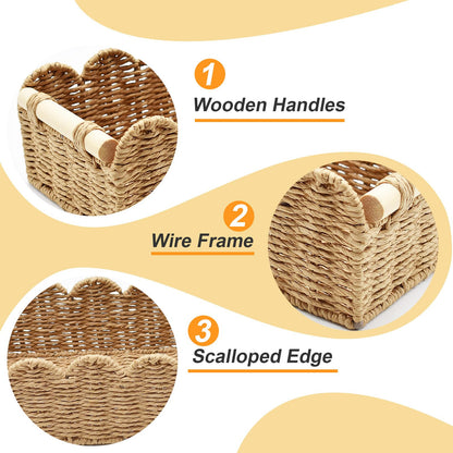 Yiomxhi 2 Pcs Wicker Storage Baskets, Woven Organizer Bins with Wooden Handles, Rope Scalloped Edge Toilet Paper Baskets for Bathroom, Shelf, Kitchen