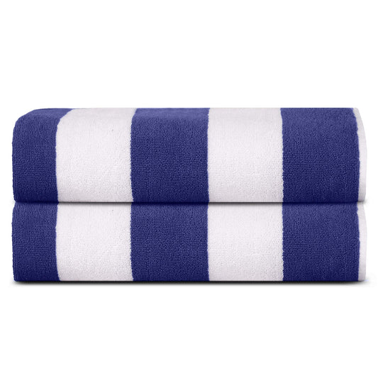 SweetNeedle Beach Towels for Adults Pack of 2 - Royal Blue-White Cabana Striped Classic - 100% Cotton Terry Ringspun Pool Towel, Quick Dry, Super