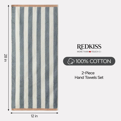 REDKISS 2 Pack Striped Hand Towels for Bathroom - 100% Cotton Decorative Hand Towel Set, 32x72cm, Soft Absorbent and Quick-Dry Towels for Bathroom