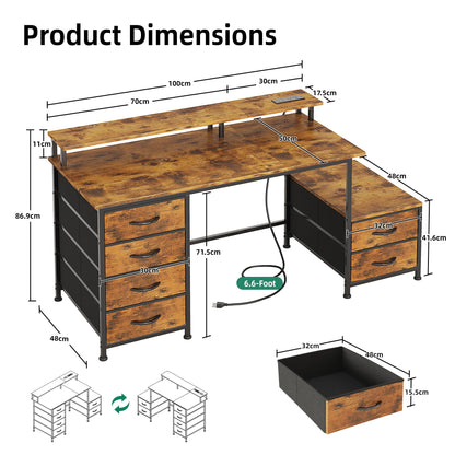 Flrrtenv 128cm Desk with Fabric File Cabinet, Computer Desk with Shelves and Drawers, Writing Table with Monitor Stand