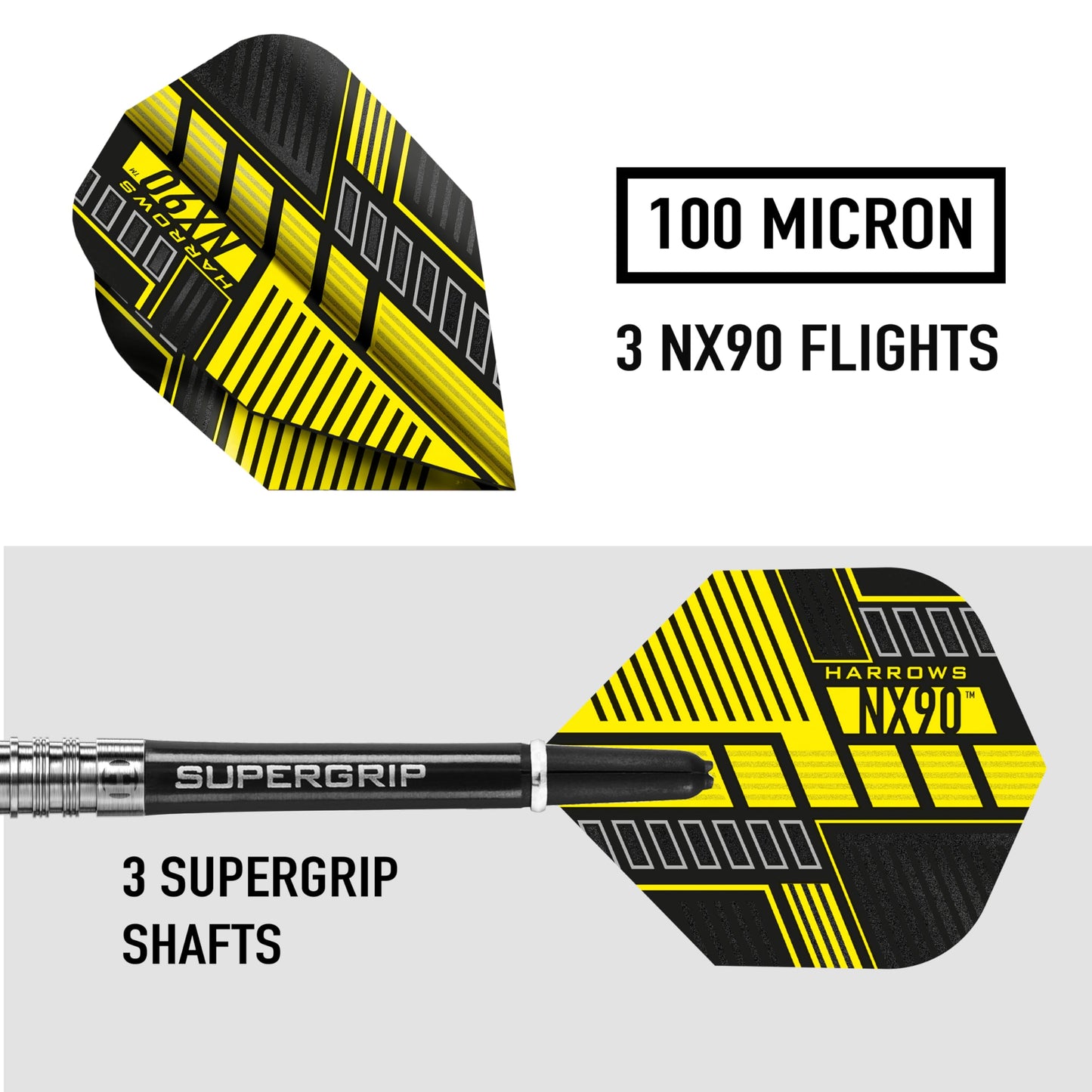 Harrows NX90 90% Tungsten Steel Tip Darts Set 21g, 22g, 23g, 24g, 25g & 26g - Includes Black Supergrip Midi Shafts & Micron NX90 Flights (24g)