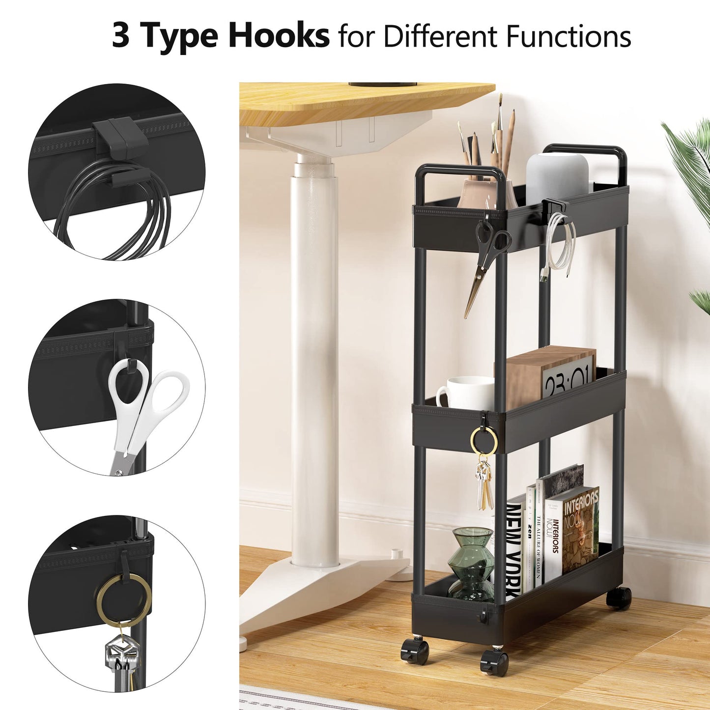 SOLEJAZZ 3-Tier Storage Trolley Cart Slide-out Slim Rolling Utility Cart Mobile Storage Shelving Organizer for Kitchen, Bathroom, Laundry Room
