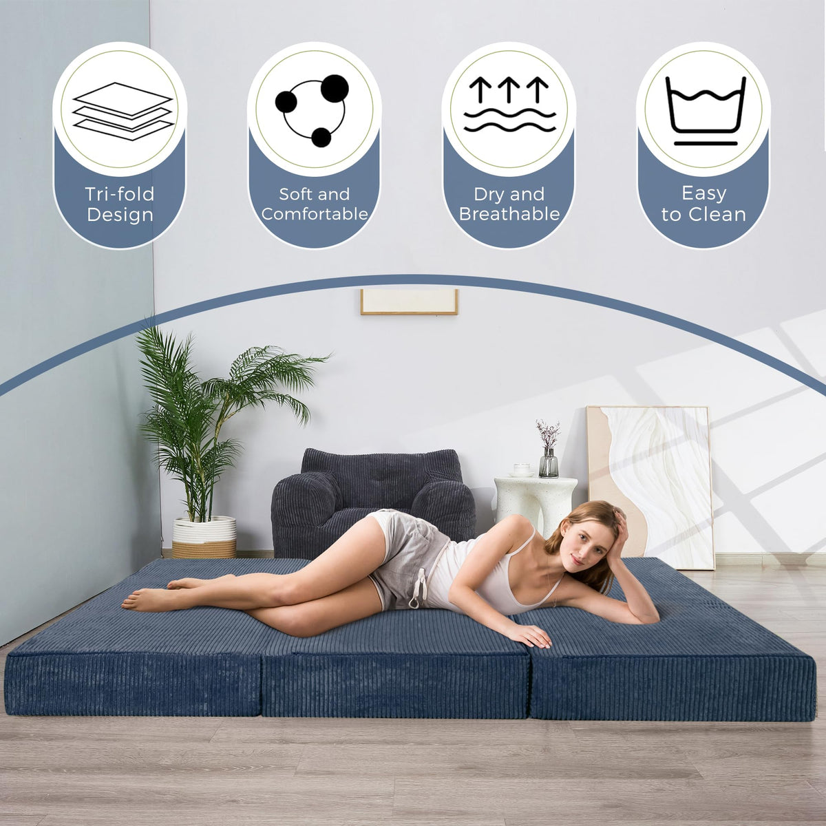 MAXYOYO Folding Corduroy Mattress, Tri Fold Floor Mattress 10cm thick with Washable Cover,Foldable in Three,Space-Saving for Guest (Bluestone, King)