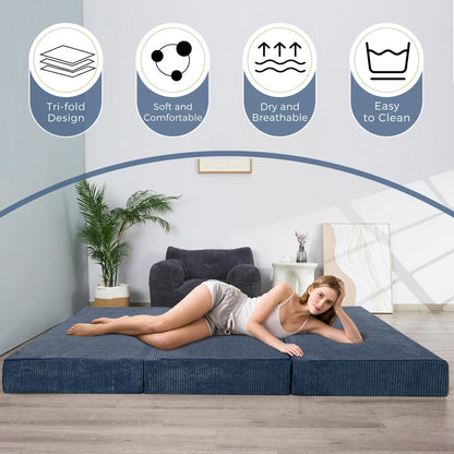 MAXYOYO Folding Corduroy Mattress, Tri Fold Floor Mattress 10cm thick with Washable Cover,Foldable in Three,Space-Saving for Guest (Bluestone, Single)