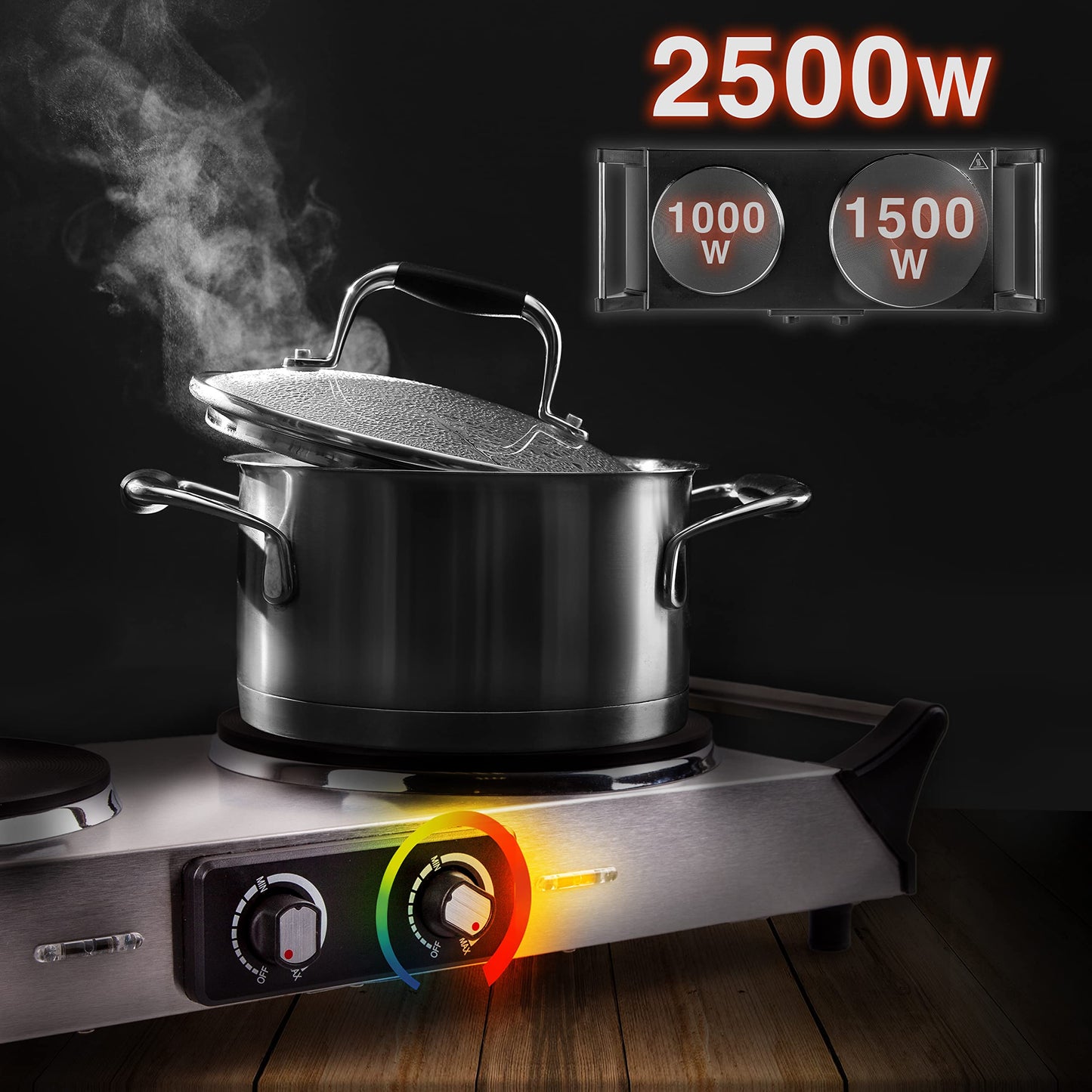 Duronic Hot Plate HP2 SS, Stainless Steel Table Top Cooking, 2500W Black Steel Electric Double Hob with Handles, 2 Cast Iron Portable Hob Burner Rings