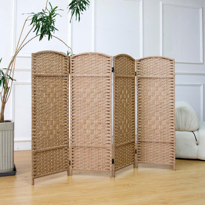 Furnnylane 4 Panel Light Brown Rattan Divider Short Room Partition Screen,Double Sided Short Folding Divider for Room Separation,120 cm Tall