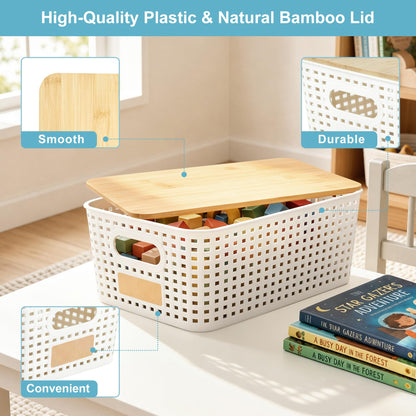 Bagnizer Small Plastic Storage Bins with Bamboo Lids, 5.2qt, 6 Packs