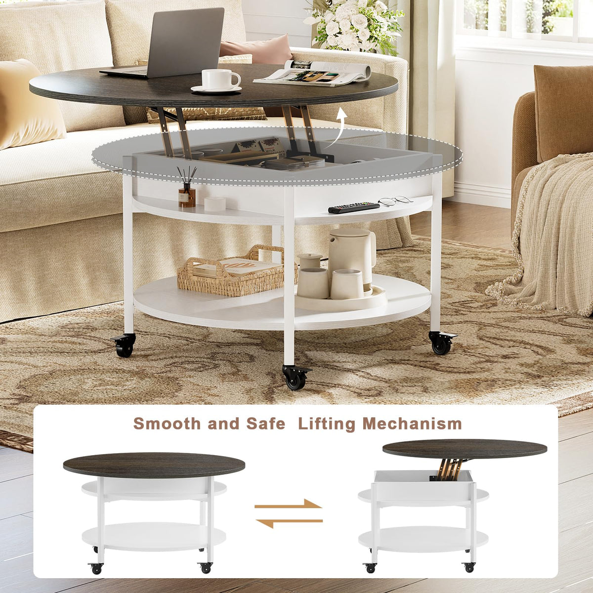 Mossora Round Lift Top Coffee Table with Wheels, Circle Center Table with Storage and Compartment, 68 cm Rolling Coffee Tables for Living Room