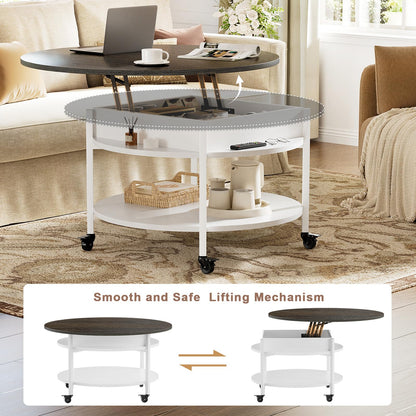 Mossora Round Lift Top Coffee Table with Wheels, Circle Center Table with Storage and Compartment, 68 cm Rolling Coffee Tables for Living Room