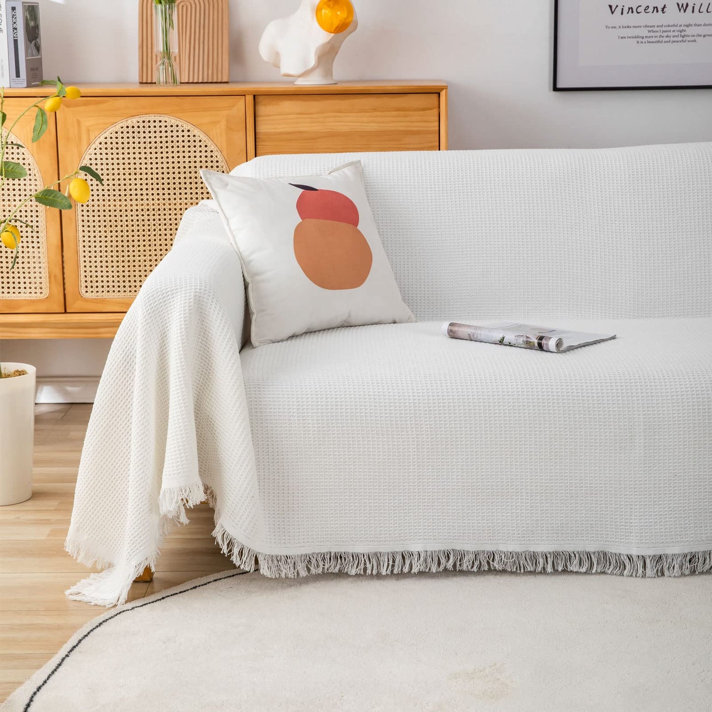 GAOWEI Waffle Sofa Throws Couch Cover Large 3 seater with Decorative Fringe ideal for Sofa Couch Chair and Bed Cotton fit All Season,White 180x300cm