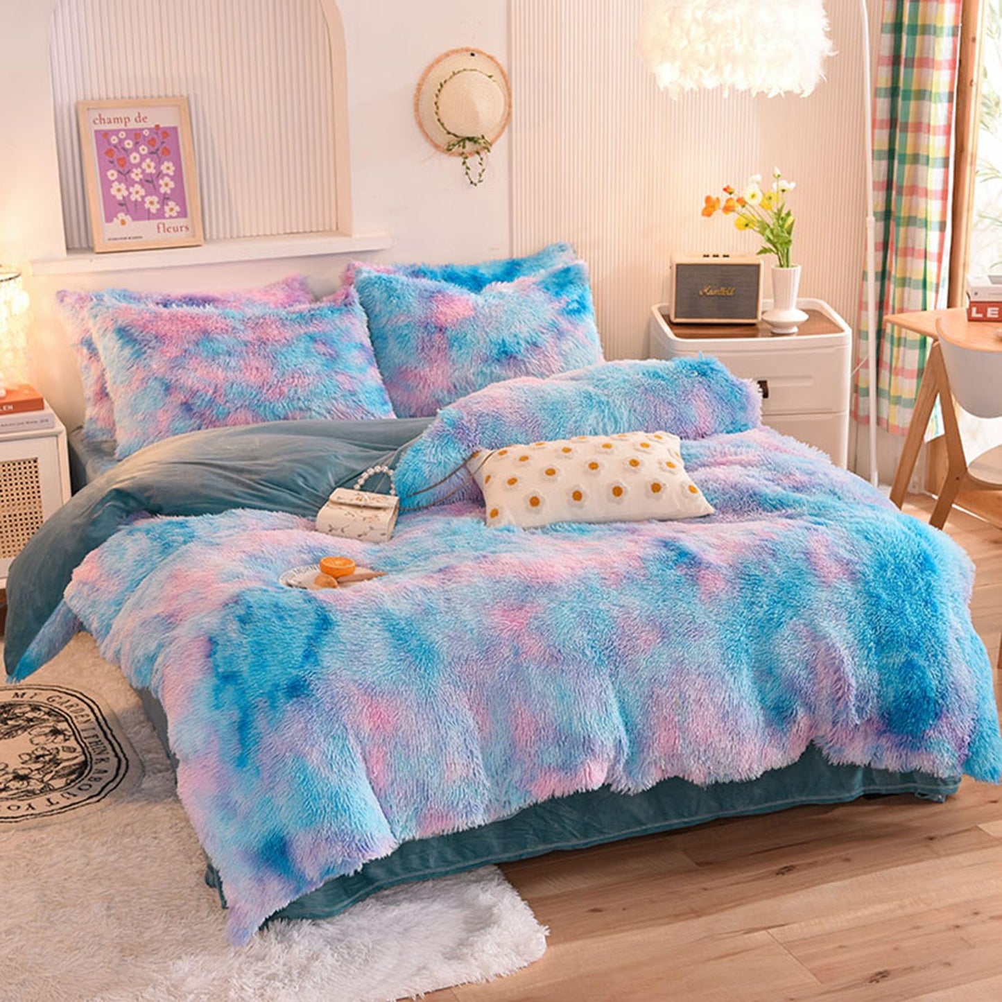 ZIQINPSQ Plush Shaggy Duvet Cover Set,Tie Dye Faux Fur Bedding Set for Teens Girls Soft Velvet Fluffy Fuzzy Comforter Cover Bed Set (Blue, Double)