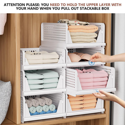 4 Pack Folding Closet Organizers Storage Box, Stackable Storage Bins, Plastic Drawer Basket Closet Storage for Wardrobe Cupboard Kitchen Bathroom
