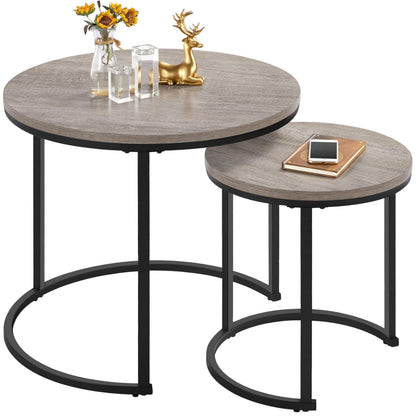 Yaheetech Round Nesting Coffee Tables Set of 2, Grey Wood Effect