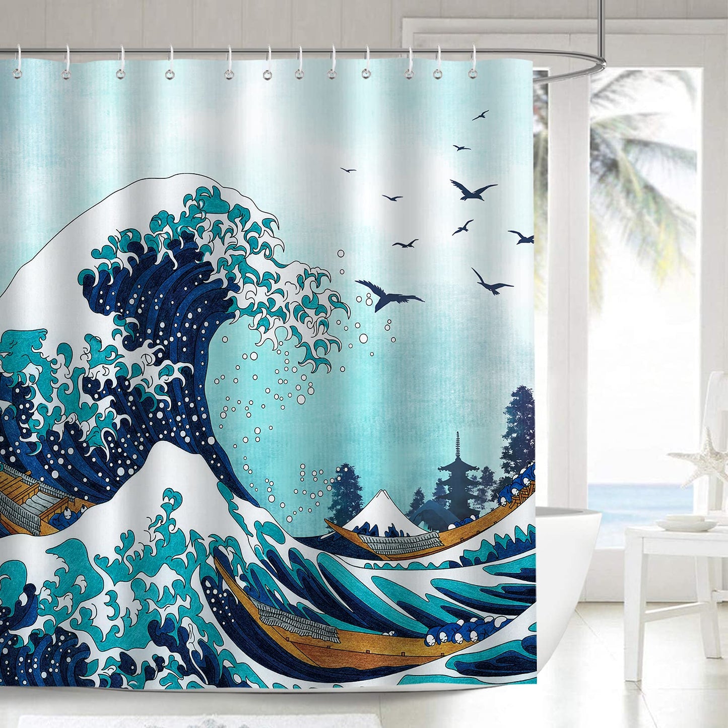 Bonhause Great Wave Shower Curtain 180 x 200 cm Japanese Kanagawa Ocean Waves Bathroom Curtain Waterproof Mildew & Mould Resistant Polyester Fabric