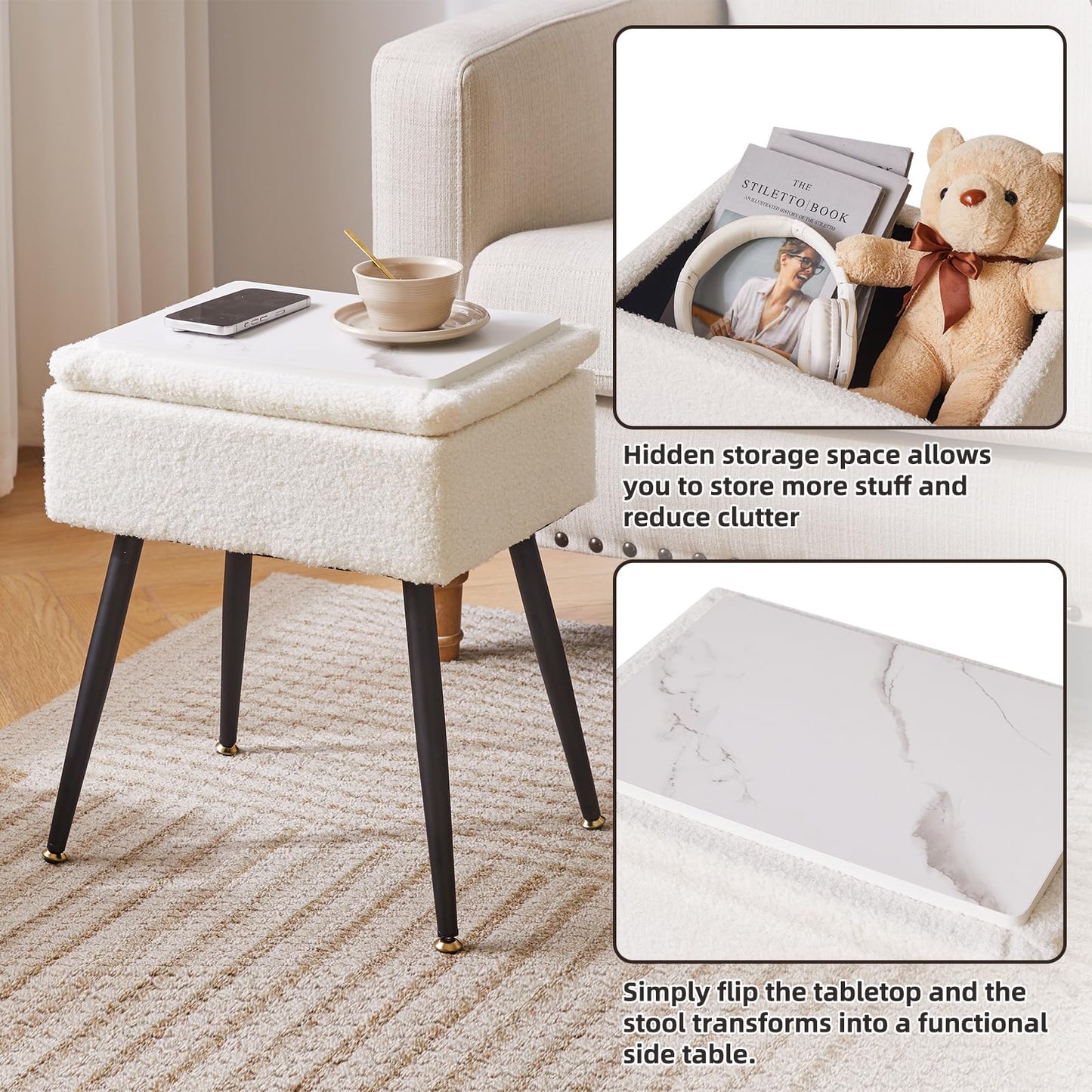 Aibiju Faux Teddy Fur Dressing Table Stool, Rectangular Vanity Stool with Storage, Dressing Table Seat Small Side Table for Makeup Room, Bedroom,