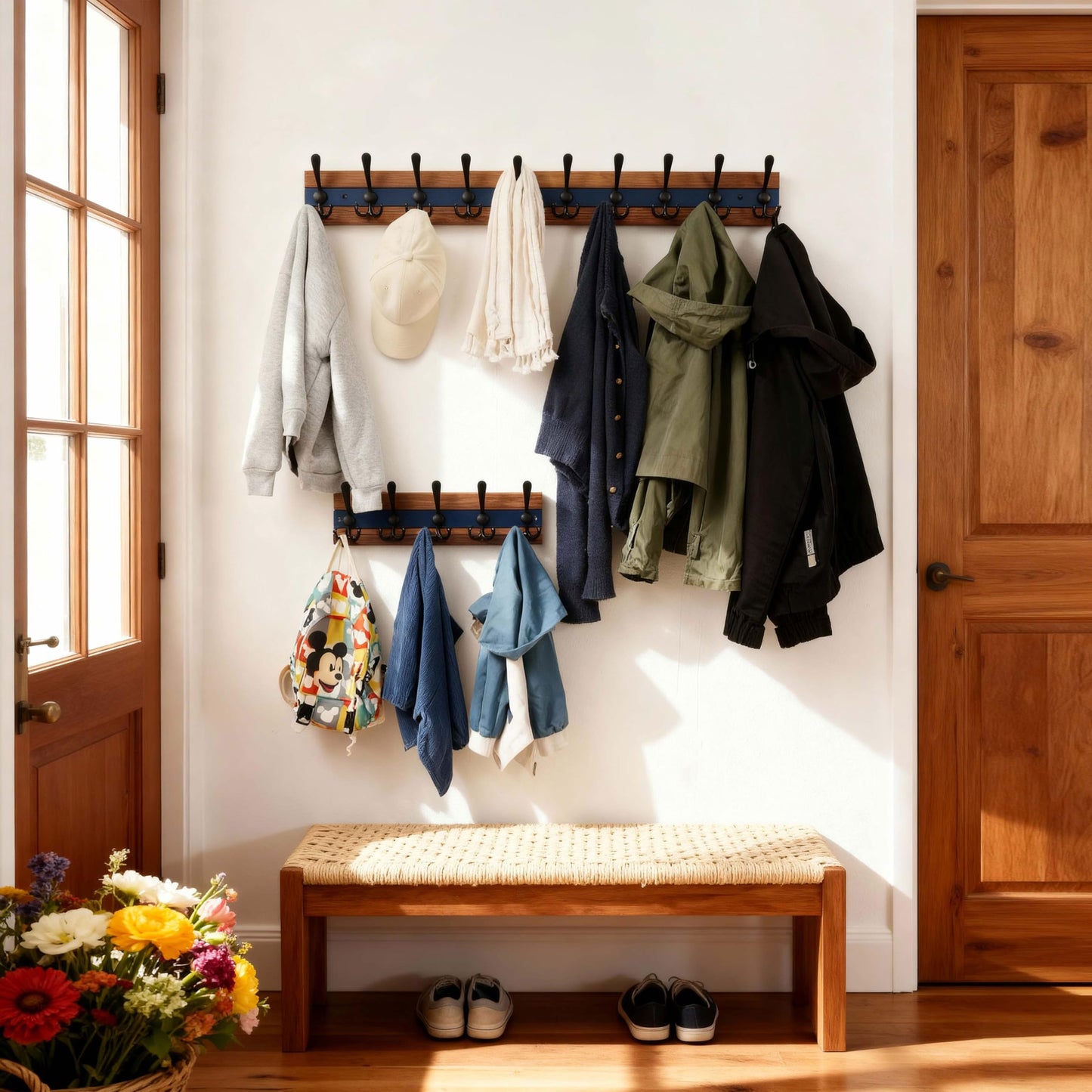 SKOLOO Rustic Wall Mounted Coat Rack - 16-7/8" Long Coat Hooks for Wall with 5 Triple Hooks for Hanging Coats, Hats or Tools