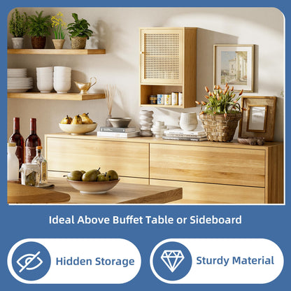 HITNET Bathroom Wall Cabinet, Rattan Medicine Cabinet, Bamboo Hanging Storage Organizer Over the Toilet with Adjustable Shelf for Living Room