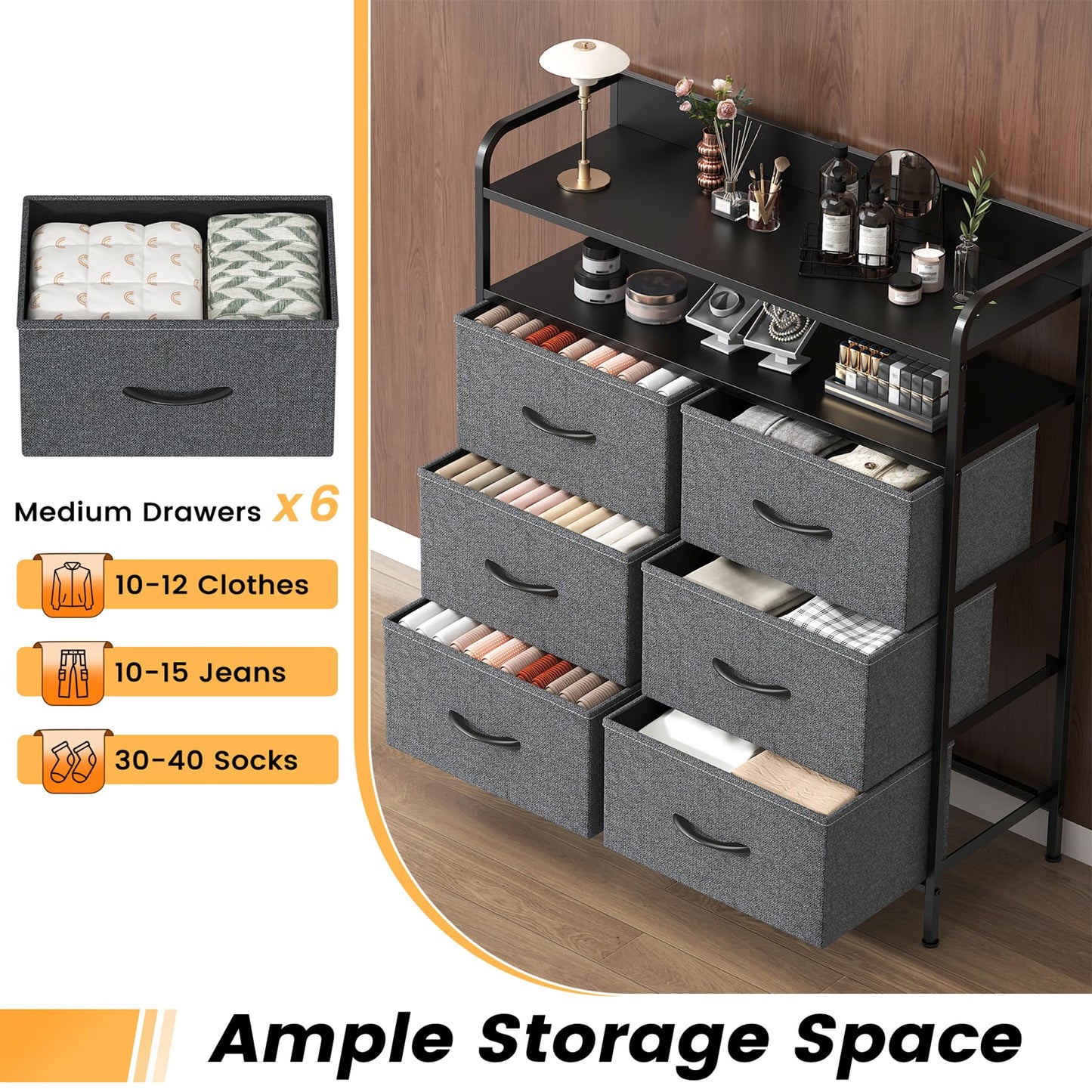 Feonase 6 Drawer Fabric Chest Of Drawers, Double Wooden Top Fabric Storage Tower - Sturdy Steel Frame Dresser for Bedroom/Living Room/Baby Room