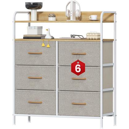 Feonase 6 Drawer Fabric Chest Of Drawers, Double Wooden Top Fabric Storage Tower - Sturdy Steel Frame Dresser for Bedroom/Living Room/Baby Room