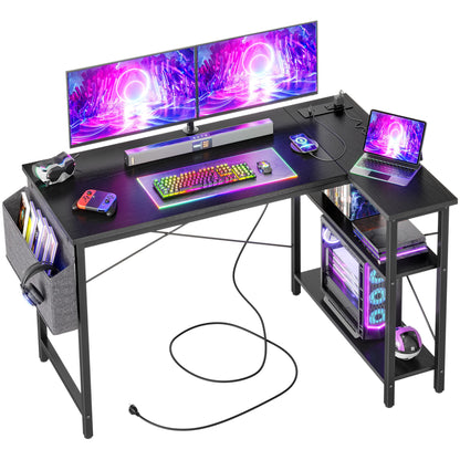 BEXEVUE Small L Shaped Desk with Power Outlets - 120x70cm Gaming Corner Computer Desk Writing Table, Reversible Large Storage Shelves, Bookshelf