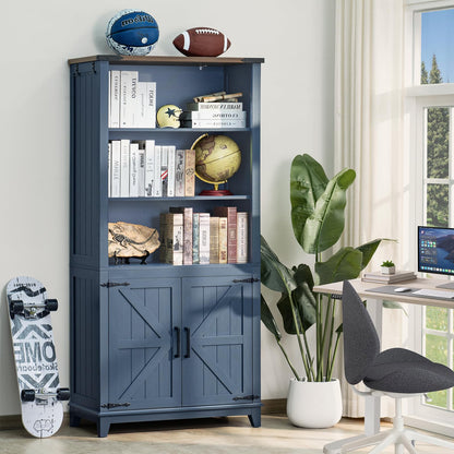 LELELINKY 70in Tall Bookshelf 5 Tier Bookcase with Barn Doors and Adjustable Shelves, Blue Farmhouse Book Shelf with Storage Cabinet