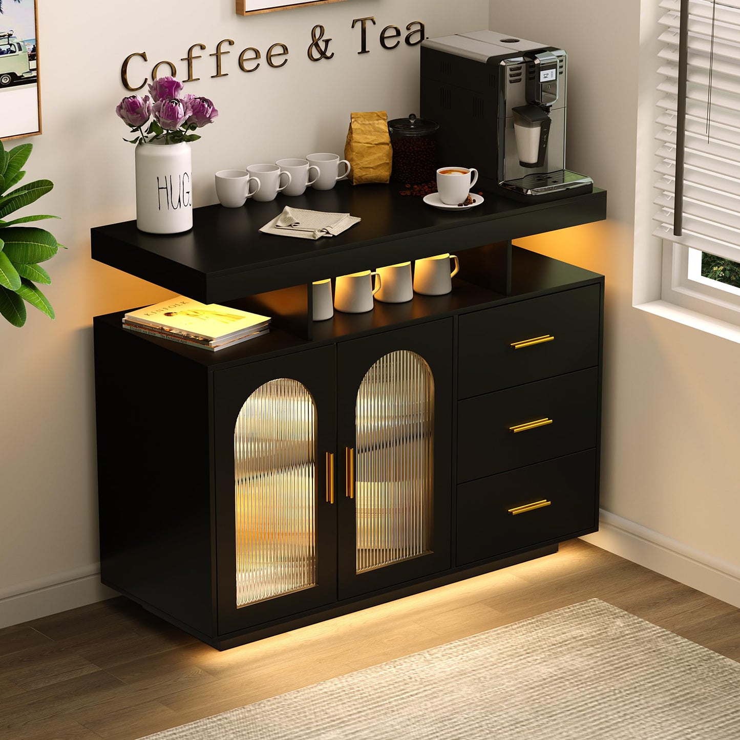 FREDEES Sideboard Buffet Cabinet with 3 Drawers and LED Lights, Black