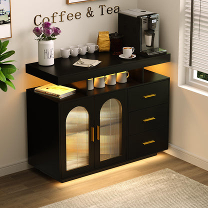 FREDEES Sideboard Buffet Cabinet with 3 Drawers and LED Lights, Black
