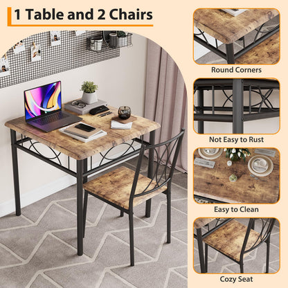 Crevyteg Space Saving Dining Table and 2 Chairs Set for Small Spaces, Compact Kitchen Table Set with Metal Frame and Modern Design for Apartment
