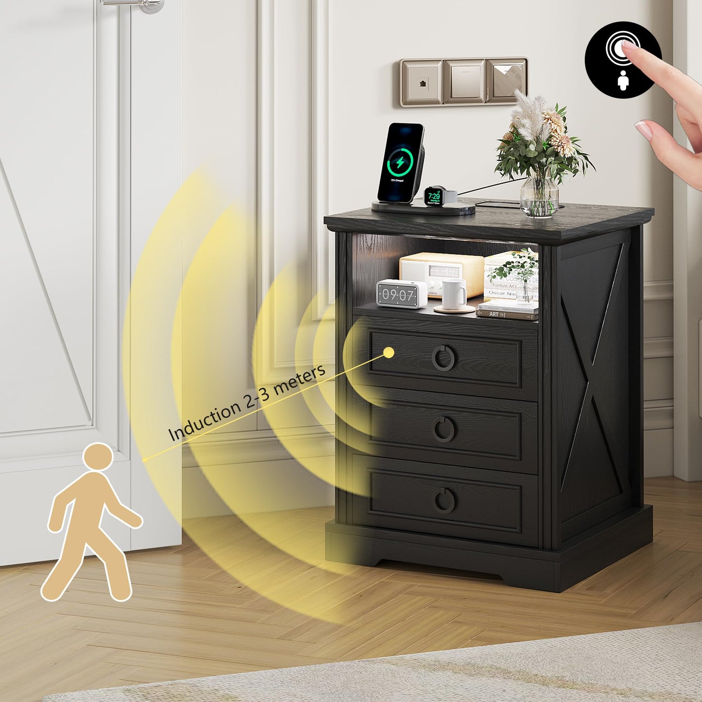 FREDEES LED Bedside Table with Charging Station, Black