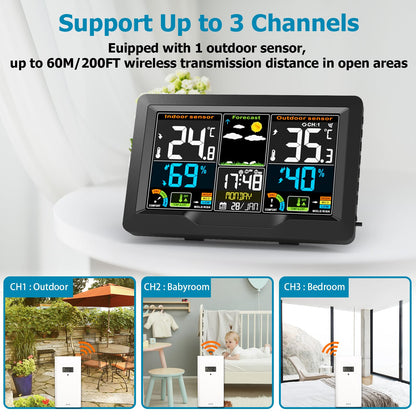 Qxmcov Weather Station Wireless with Outdoor Indoor Sensor, Digital Large LCD Screen Thermometer, Weather Station with Weather Forecast, Temperature,