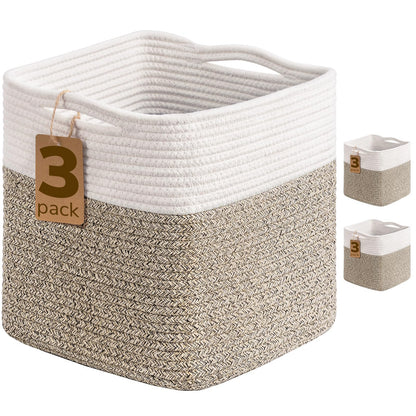 TIMEYARD 3 Pack Cube Storage Bins Rope Woven Basket for Shelves White Brown