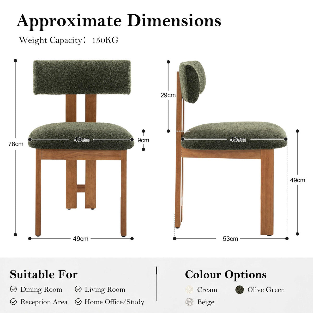 younturn Retro Mid Century Dining Chairs Set of 2, Boucle Upholstered Seats with Backrest and Solid Wooden Legs, Kitchen Chairs for Dining Room