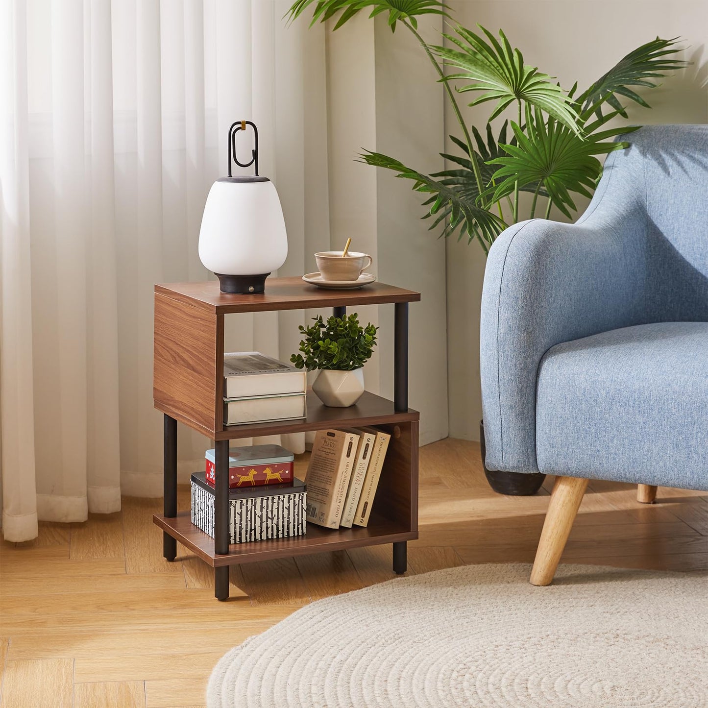 Aibiju 3 Tier Side End Table, Wooden Bedside Table, Modern Sofa Side End Table for Living Room/Bedroom/Small Space, Brown+Black Legs, YD-TM152LW